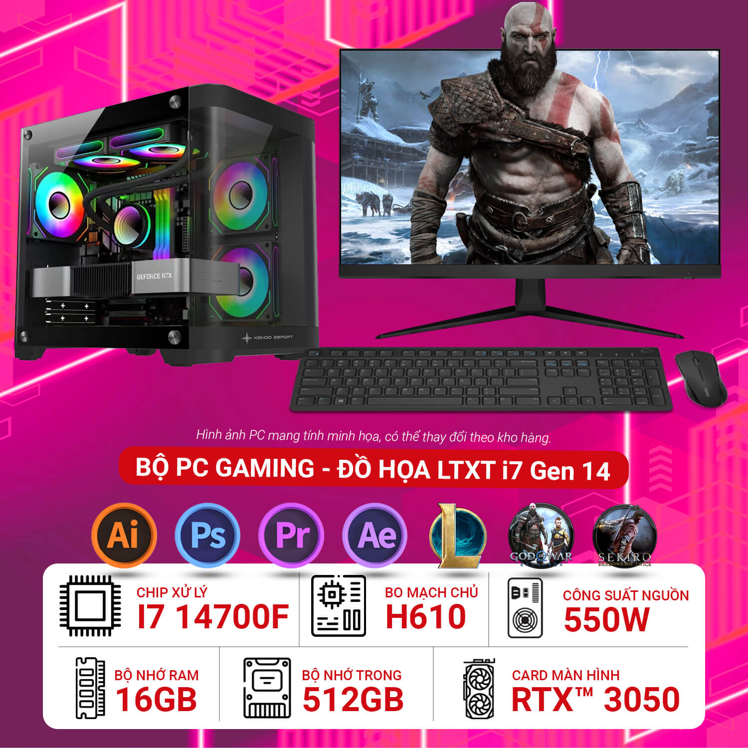 Máy tính bộ lắp ráp Gaming đồ họa LTXT i7 Gen 14 RTX™ 3050 6GB